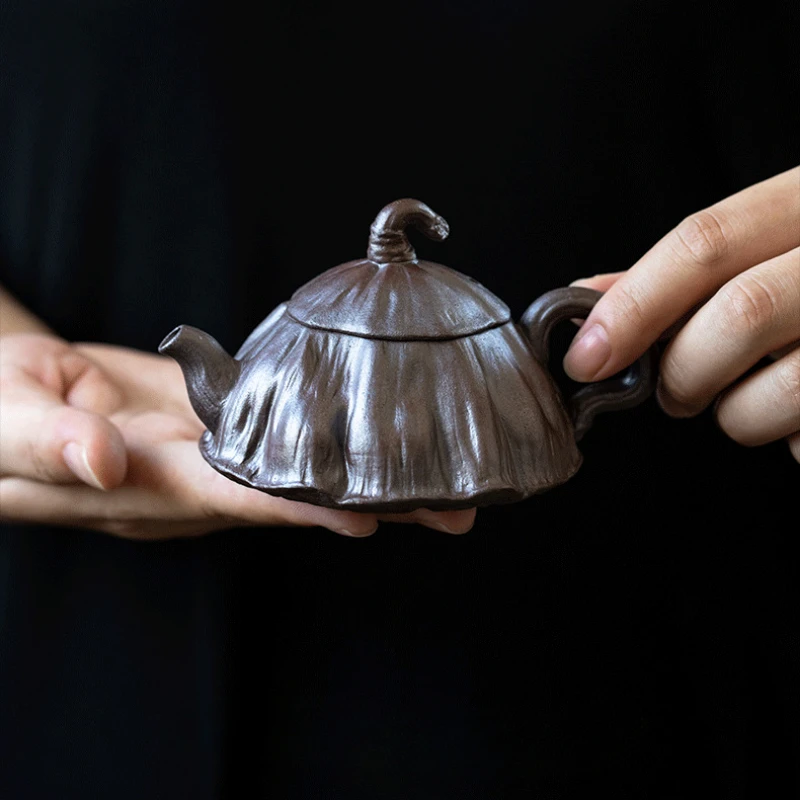 Coarse Pottery Lotus Shaped Biomimetic Teapot Fully Handmade Tea Maker Creative Single Pot for Household Retro Ceramics