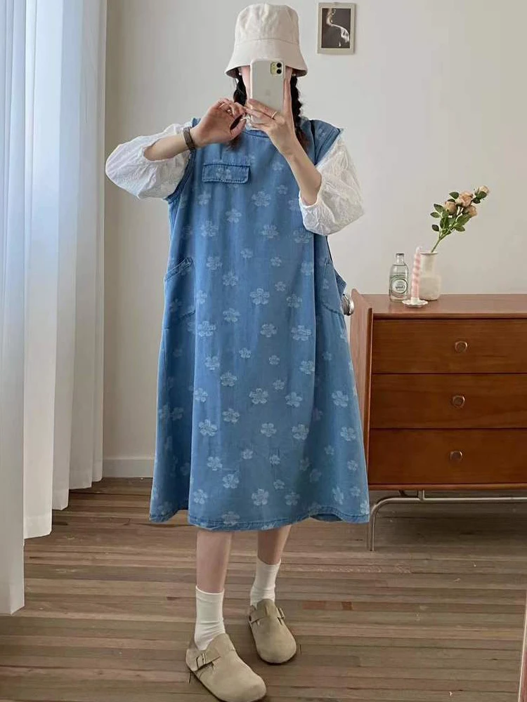 Novo 2025 verão denim algodão sem mangas vestidos, feminino o pescoço impressão, mori menina doce versátil festa solto colete vestido d54055cc
