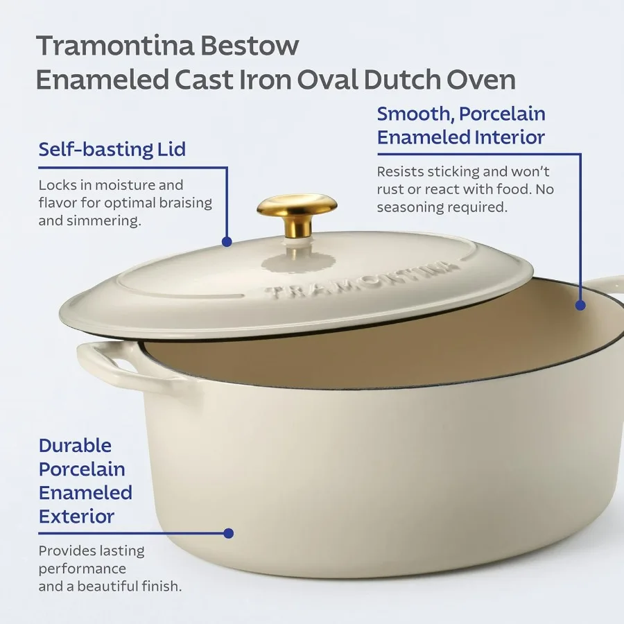 وعاء فرن هولندي بيضاوي من الحديد الزهر المطلي بالمينا من بيستو مع غطاء، كبير 7 كوارت، لاتيه (مقبض ذهبي) #5
