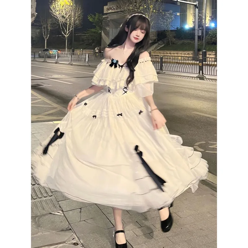 

French Style Dress Small Fragrant White Bubble Sleeved Dress Summer Princess Dress Vintage Puffy Skirt Women Party Dresses