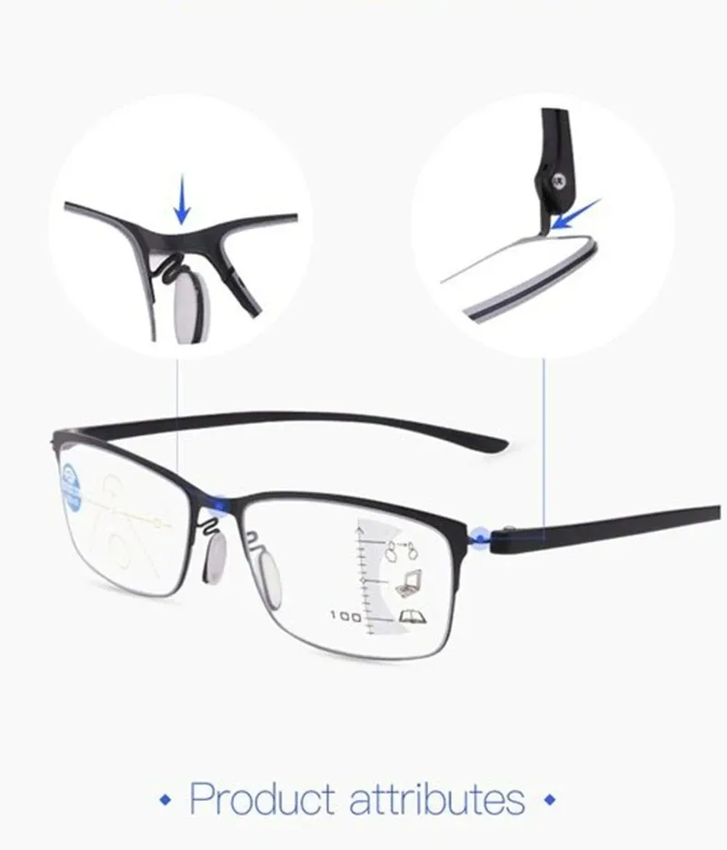 Progressive Lesebrille Multifokale Anti-Blaulicht-Brille Halbrahmen Metalllegierung Männer und Frauen +1,0 +1,5 bis +4,0 – Detail 6