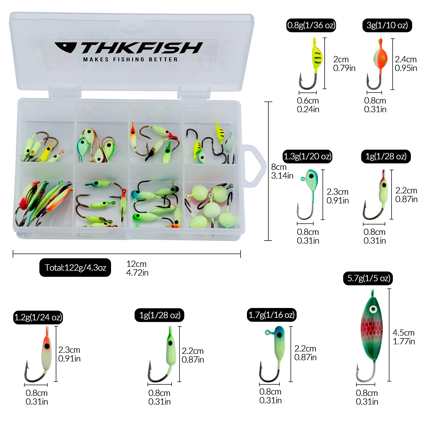 THKFISH 40pcs Fishing Lures Ice Fishing Jigs Luminous Ice Fishing Gear Bass Crappie Jigs Head Hooks for Winter Ice Jigging Lure