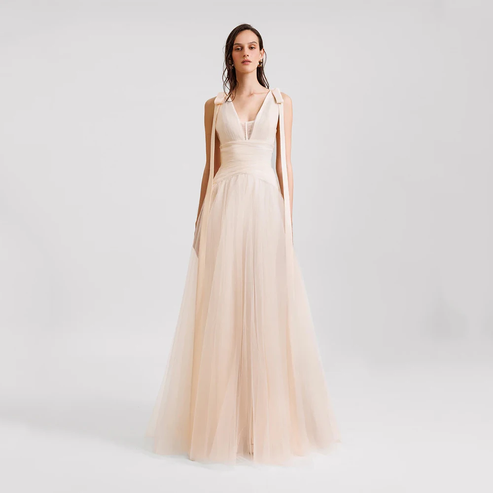 

DRESS FORU Элегантное классическое вечернее платье из тюля длиной до пола, с v-образным вырезом, без рукавов, платье для выпускного вечера с бантом, халаты De Soirée по индивидуальному заказу