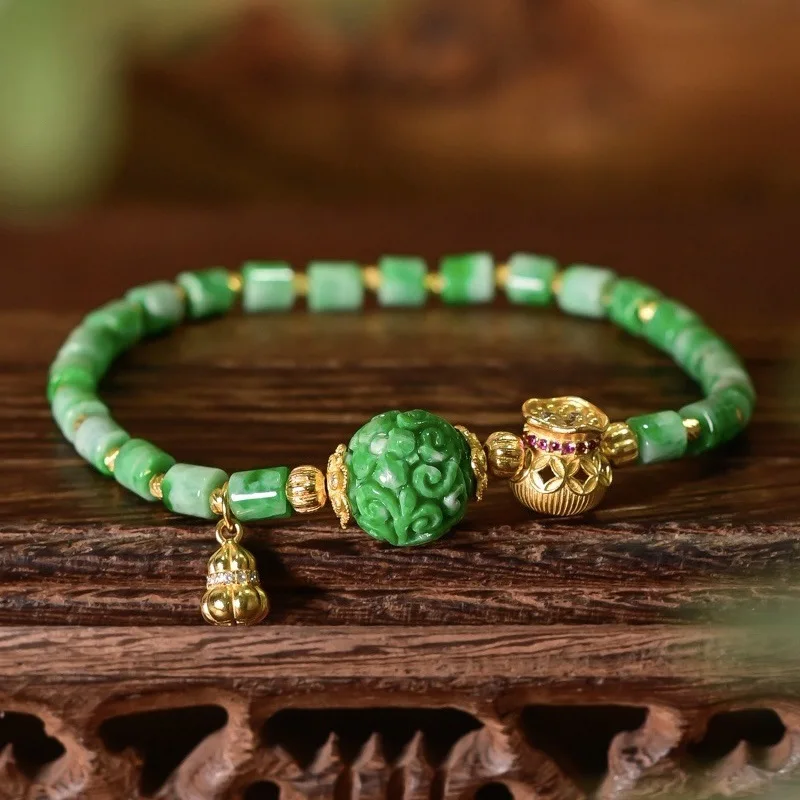 

A-Grade Natural Floating Flower Jade Bracelet, Intense Green Dry Green Carved Beads 925 Gold Plated, Chinese Gemstone Jewelry