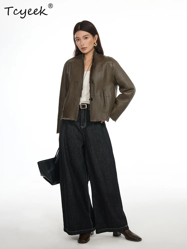 Tcyeek ウール 秋冬 ハイエンド トレンド Vネック 両サイドショート丈 レディース ウール シアリング ファーコート ファーレディース