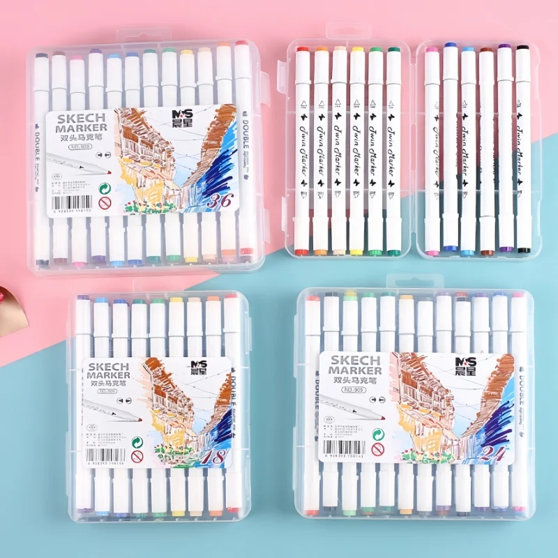 12 สี/18 สี/24 สี/36 สี double head box marker ภาพวาดการ์ตูนชุดปากกาสีน้ํา