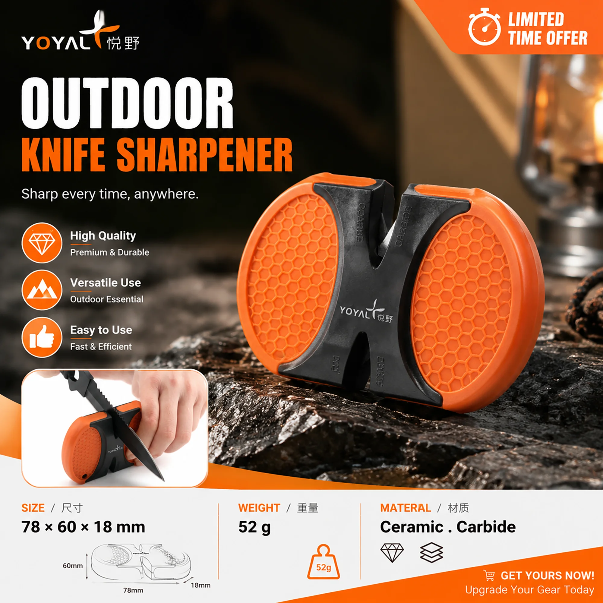 Orange Handheld Knife Sharpener 2 Preset Slots Coarse Fine Lightweight Plastic for Outdoor Fishing Hunting Knives