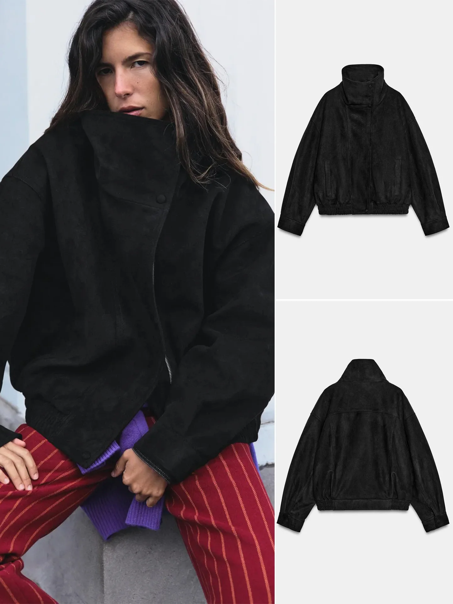 Fall New Women's Casual Style Stand Collar Long Sleeve Elastic Hem Pilot Jacket Outerwear Polyester Fiber Short Length Zipper
