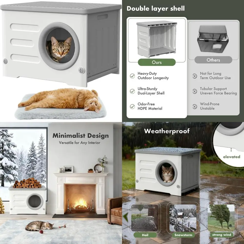 

Durable Weatherproof Insulated Plastic Cat Shelter for Outdoor/Indoor Feral Cats with Cushion (Grey)