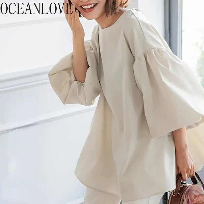 OCEANLOVE Blouses Women Tops Lantern Sleeve Solid Spring Summer Shirts Japan Style Vintage Loose Elegant Blusas Feminina