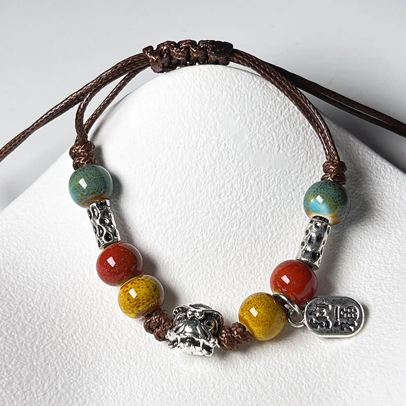 National Wind  Handmade Traditional Colored Glaze Ceramic Bracelets Beads Folk Style Women Fashion Telescopic hand rope Jewelry