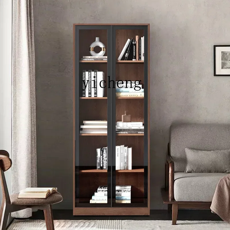 Solid Wood Bookcase Floor Wall Integrated Entire Wall Dust-Proof Bookshelf Glass Door Display Cabinet
