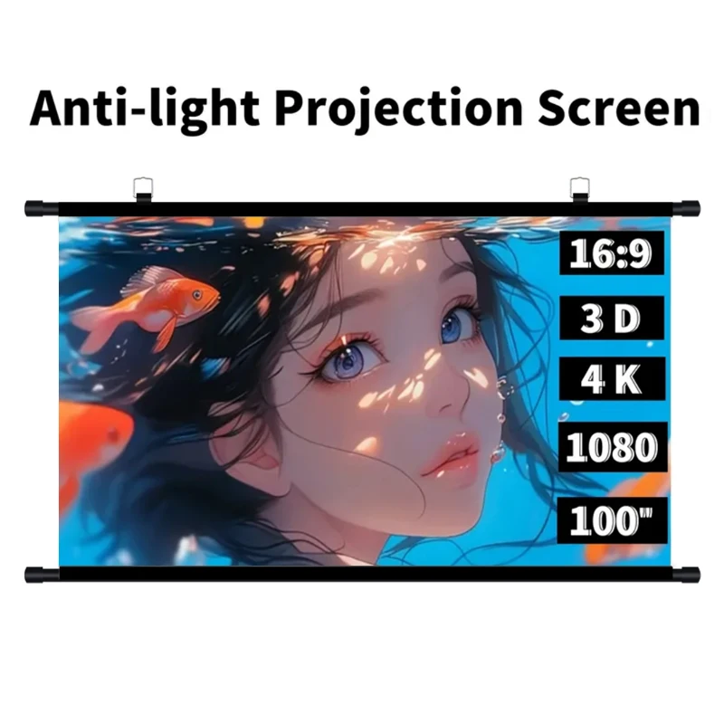 120 Inch Wall Mount Anti-Light Pull Down Projector Screen, HD Wide View Angle Retractable Projection Curtain for Home Theater