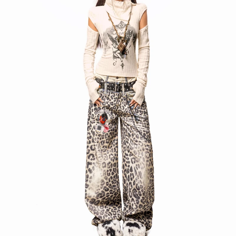 European American Leopard Print Women's Jeans 2025 Autumn New Vintage Design Gradient Hot Girl Straight Wide-Leg Pants Ladies
