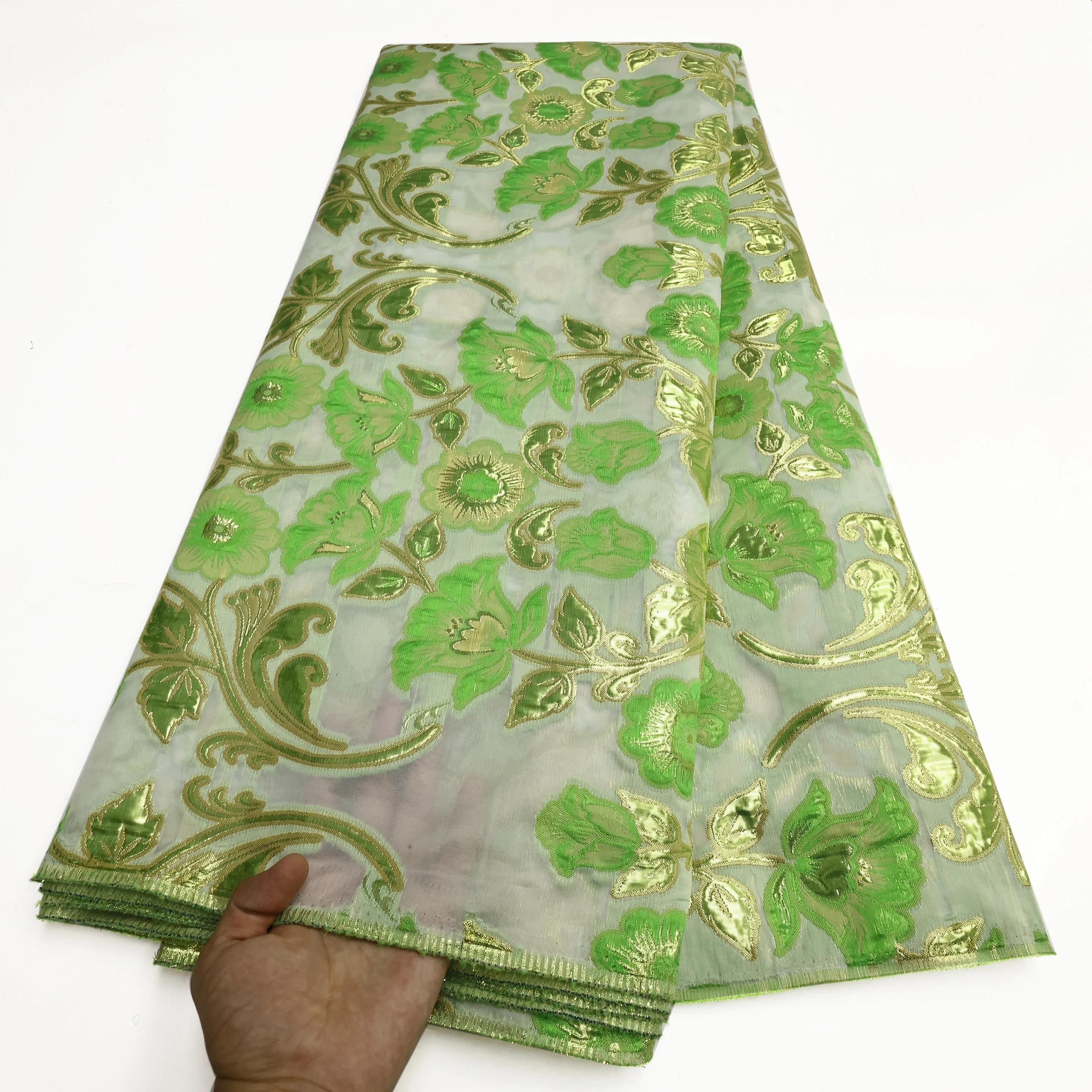 PGC-Tissu de brocart vert japonais, satin africain nigérian, dentelle en maille d'organza pour robe de mariée, dernière conception de fleurs, 2024