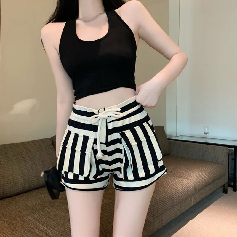 Elegant Drawstring Wild Shorts Women Stripe Printing Pocket High Waist Shorts Bandage Easy Elastic Casual Short Pants Lady