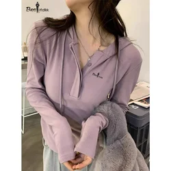 BIEM.L.FDLKKWhite hooded long sleeved T-shirt for women's Spring and Autumn  new lazy style casual slim fit bottom hoodie top