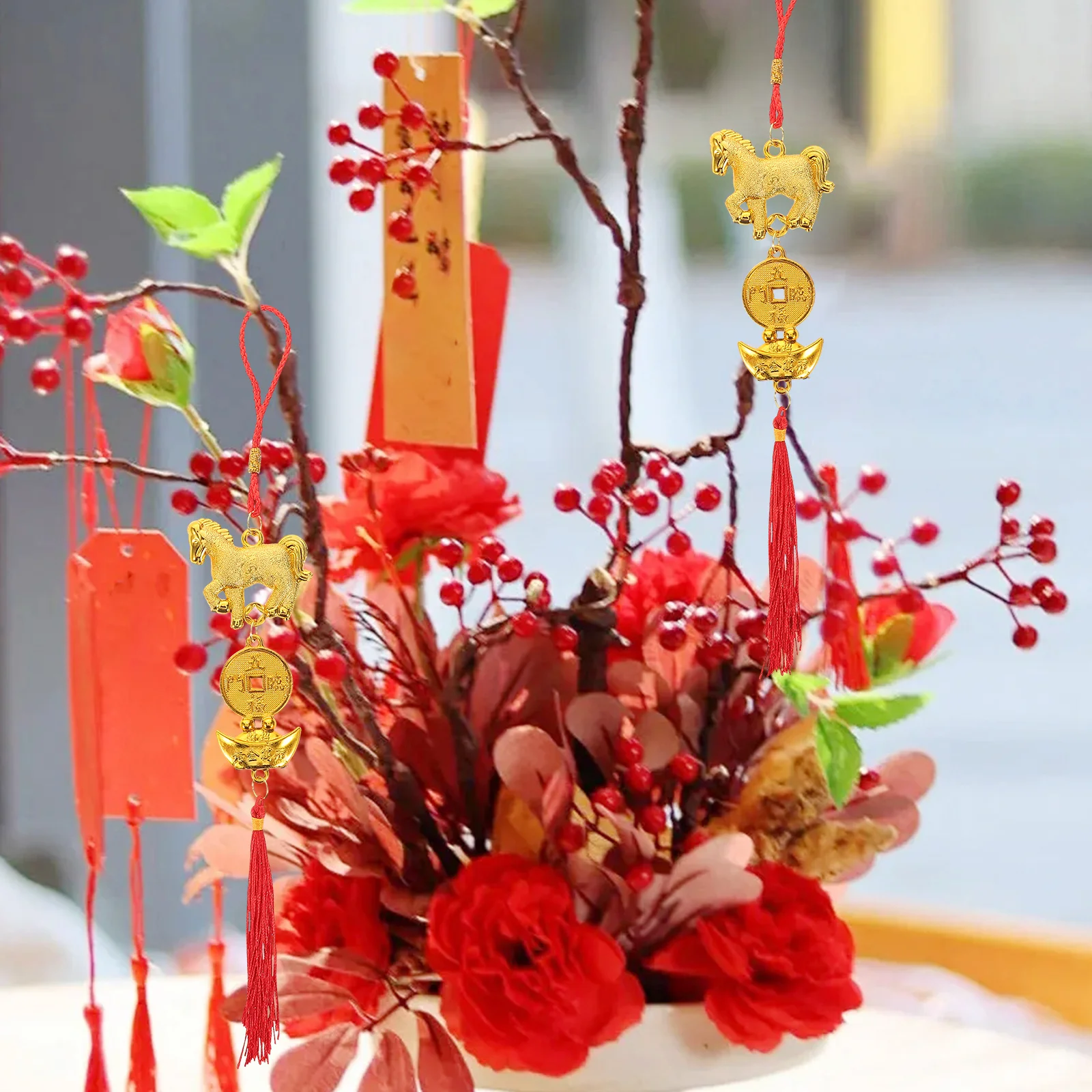 

6Pcs Year of The Horse Feng Shui Hanging Pendants New Year Bonsai Decorations Zodiac Animal Tassels Spring Festival Ornaments