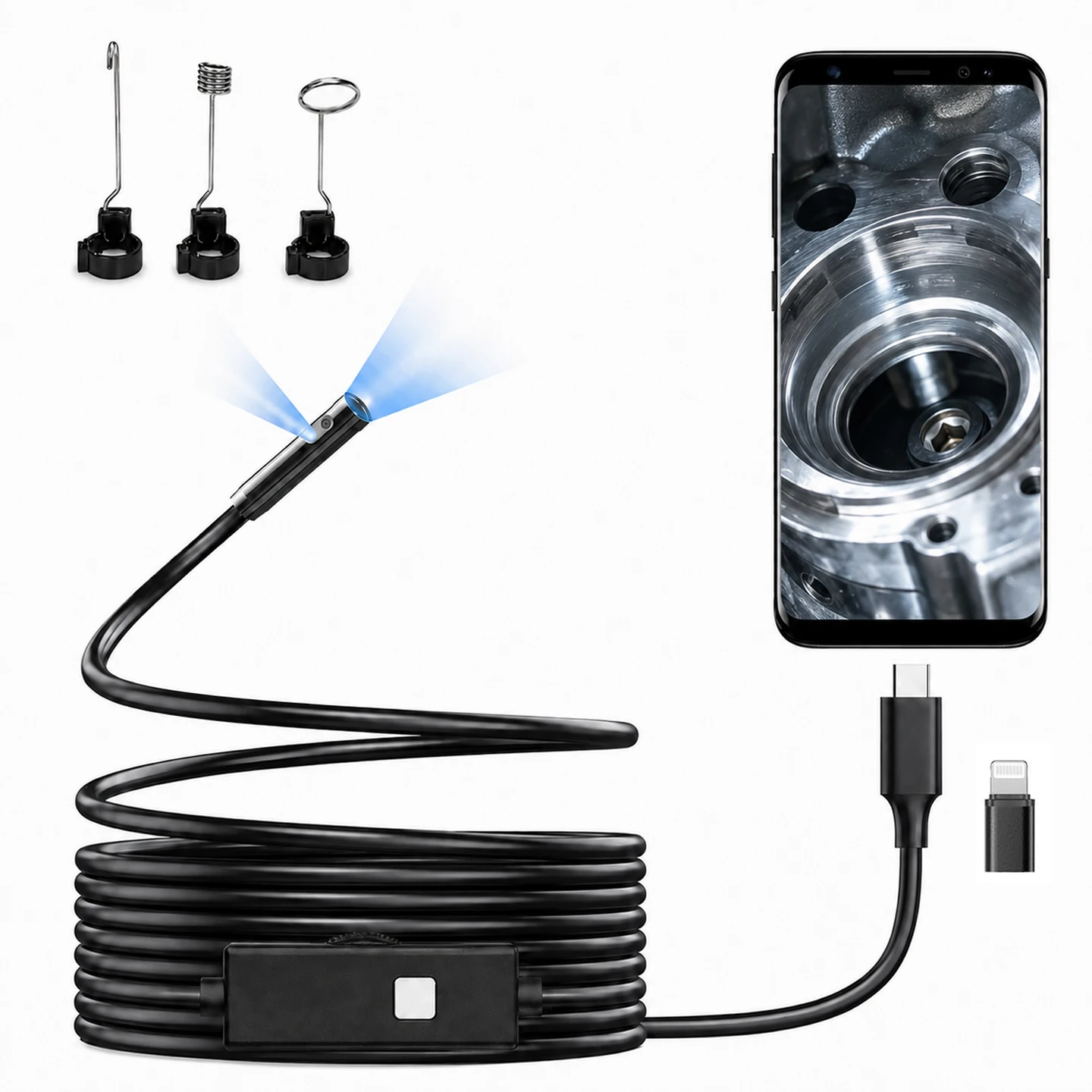 8mm Dual Lens Endoscope 1920P HD Borescope Camera with Light, Semi Rigid Flexible Snake Inspection Cam for iOS Android Phone