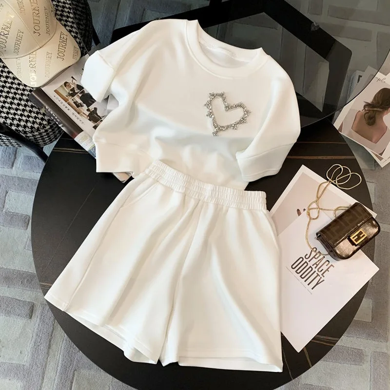 

Summer Women Casual Sports Set Diamond-in Love O-neck Solid Loose Short Pullovers Comfortable Elastic Waist Shorts Two Piece Set