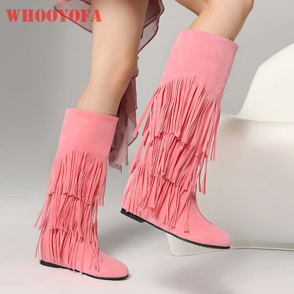 2026 Winter Mature Women Knee High Tassel Boots Round Toe Med Wedges Heel Lady Casual  Shoes Large Plus Size 11 45 48