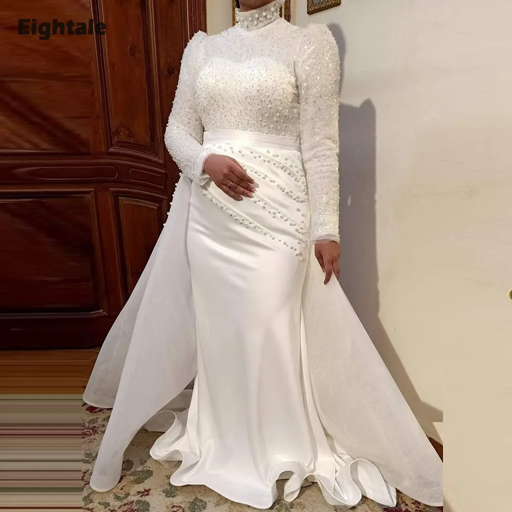 Robe de mariée arabe de quatre-quarts personnalisée ivoire col haut perles robe de mariée manches longues perlée musulmane sirène robe de soirée de mariée