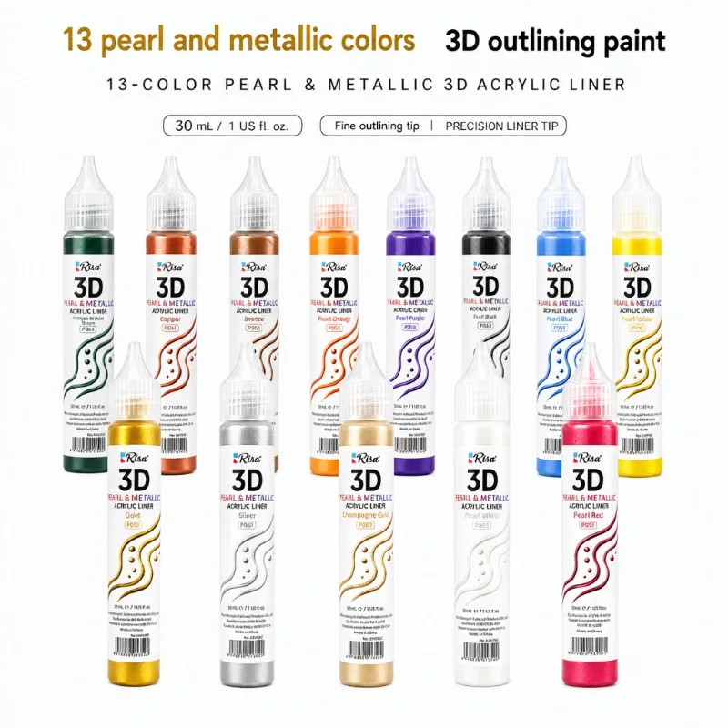 30ml Pearlescent Metallic 3D Acrylic Outline Paint, Water-Based DIY Hand Painting Pigment for Glass, Ceramic, Stone Craft Decor