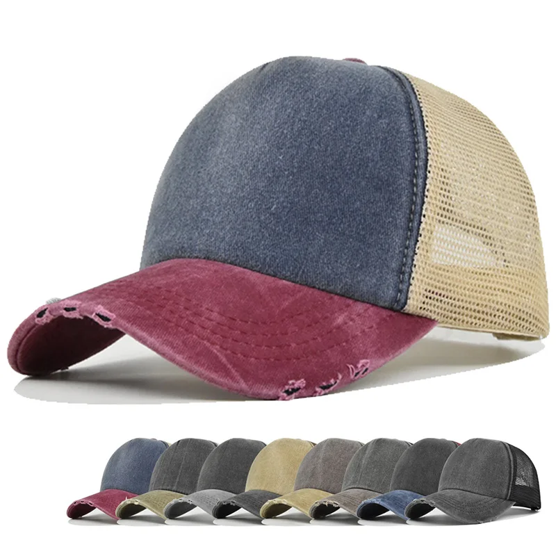New Unisex Color Block Broken Style Baseball Hats Distress Breathable Mesh Sunshade Retro Trucker Caps Versatile Simple Fashion