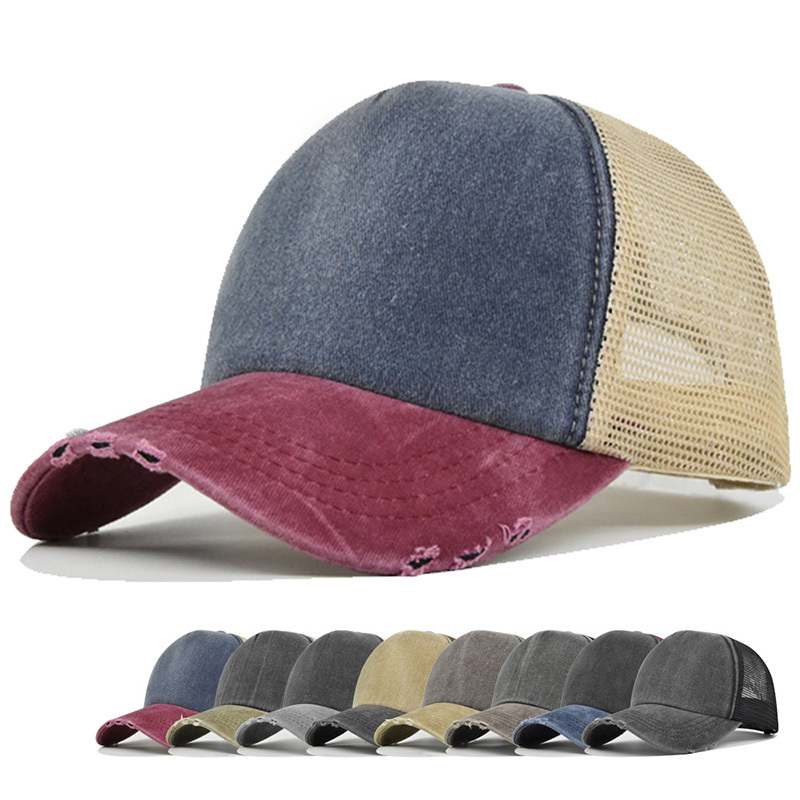  New Unisex Color Block Broken Style Baseball Hats Distress Breathable Mesh Sunshade Retro Trucker Caps Versatile Simple Fashion 