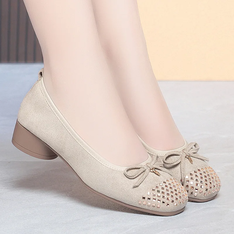 

Suede Ballet Flats With Bow And Rhinestone Toe Cap Decor Low Block Heel Slip On Comfortable Casual Shoes For Office And Daily