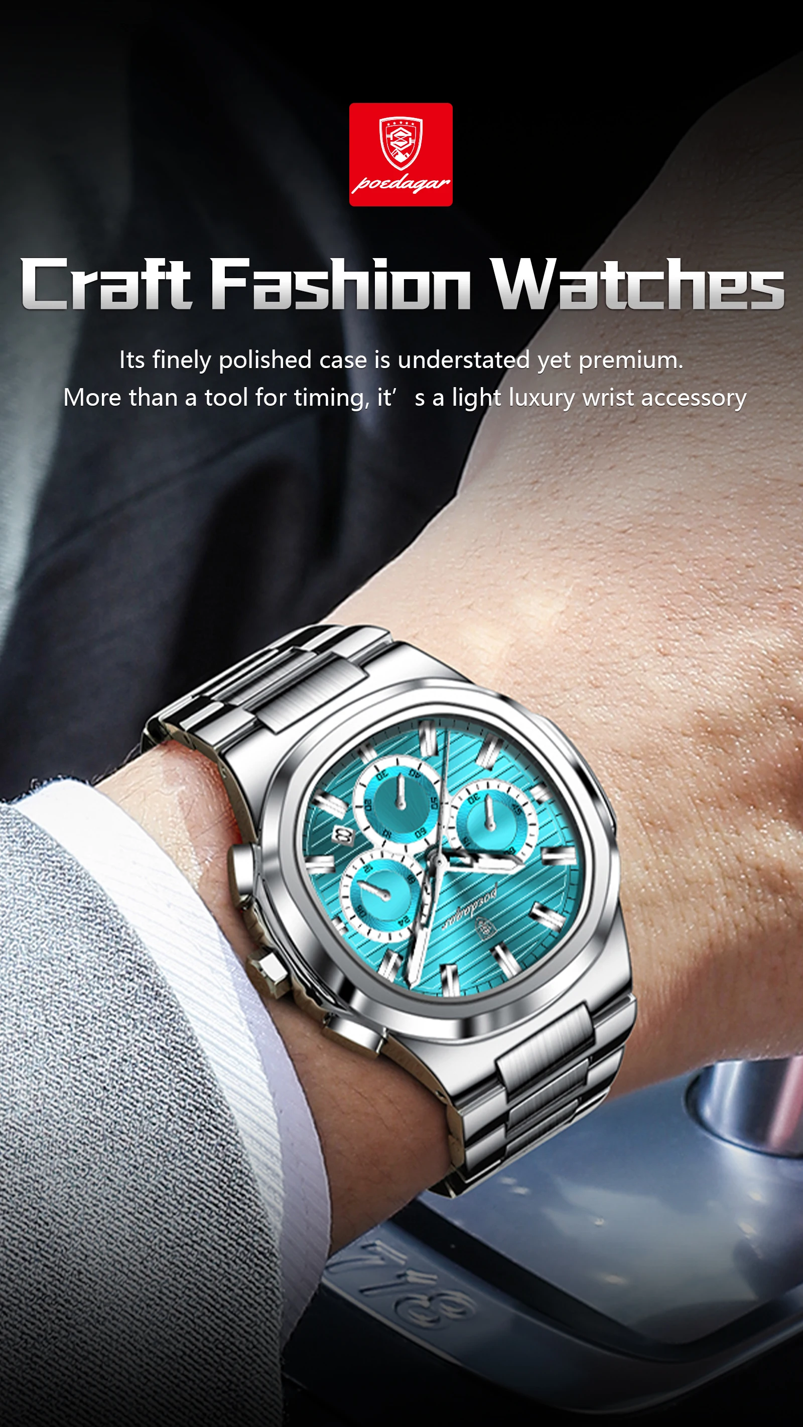 POEDAGAR Top Business Herrenuhr Leuchtend Wasserdicht Edelstahl Herren Armbanduhr Chronograph Datum Quarz Mode Herrenuhren – Detail 4