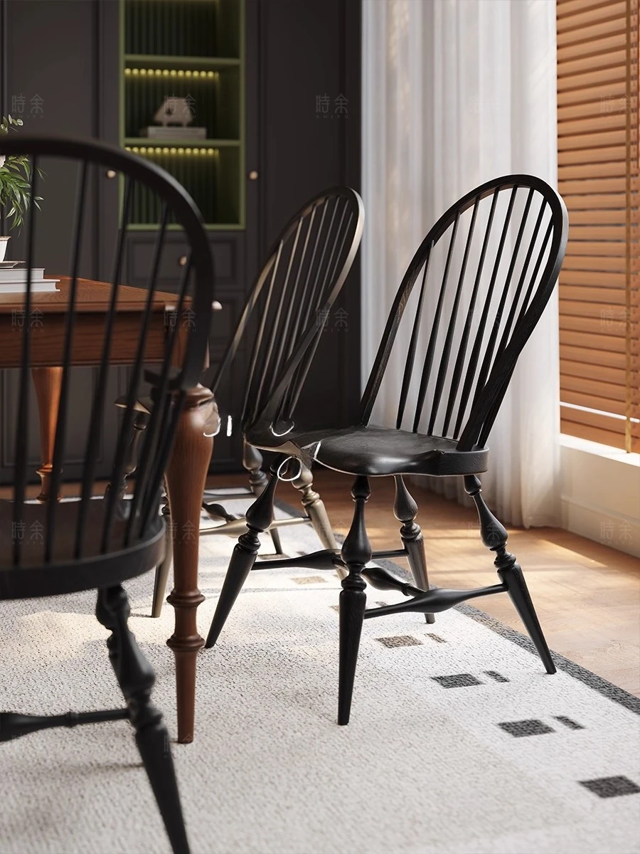Medieval Windsor Dining Chair French Dressing Chair Small American Black Living Room High-end All Solid Wood Dining Chair