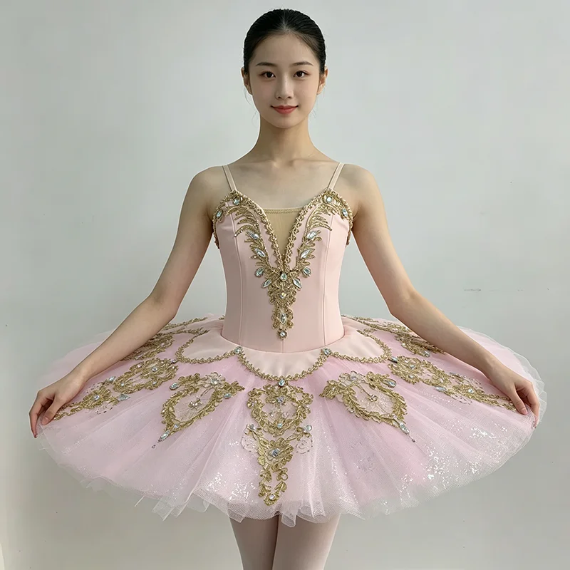 Women nude pink V-neck spaghetti strap corset professional tutu ballet costume gilded feather rhinestone embroidery light pink g