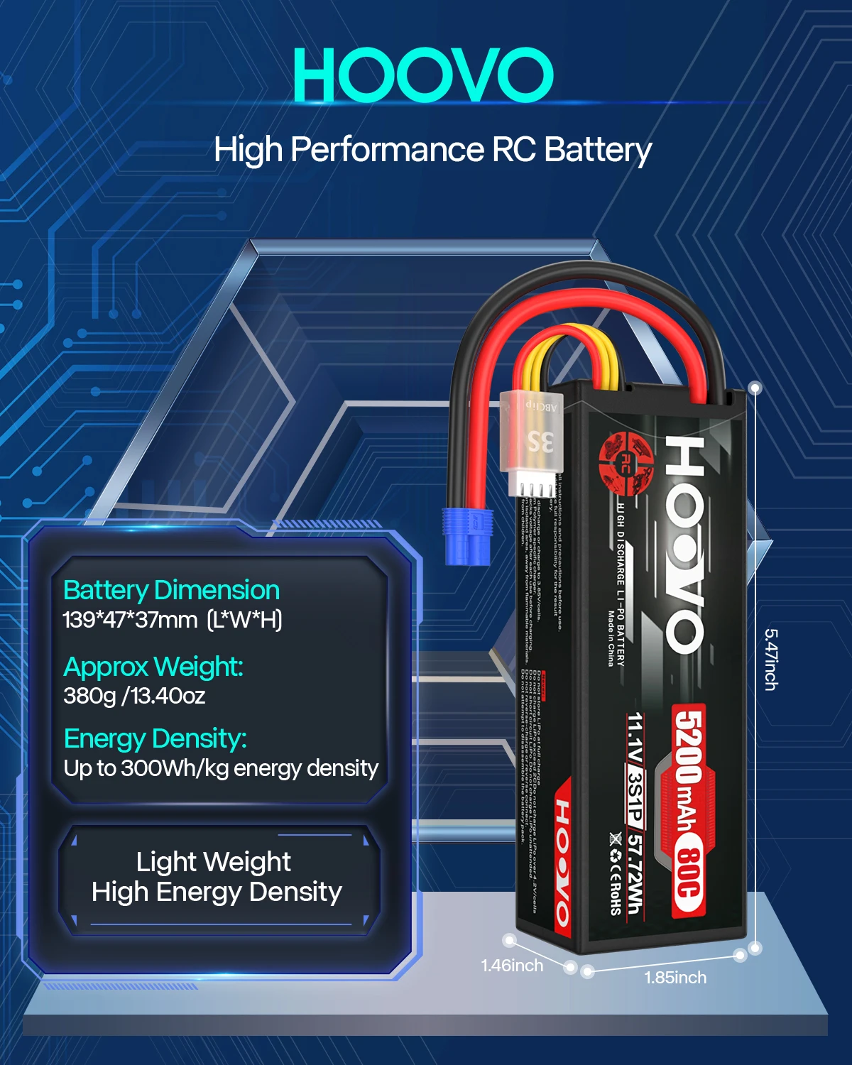 HOOVO 11.1V 3S LiPo แบตเตอรี่ 5200mAh 80C กรณีแบตเตอรี่ EC3 สําหรับ RC รถเรือรถบรรทุก Heli เครื่องบิน FPV Racing