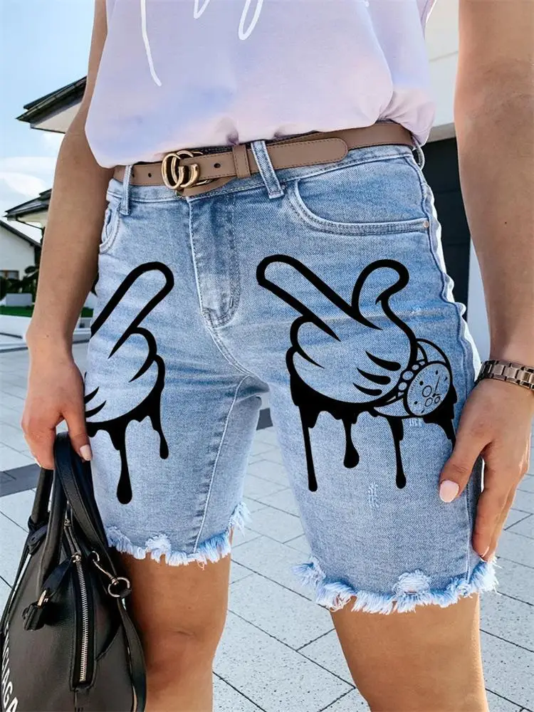 

Women's Denim Shorts 2024 Summer New Fashion Print Fringe Casual Plus-Size Quarter Jeans