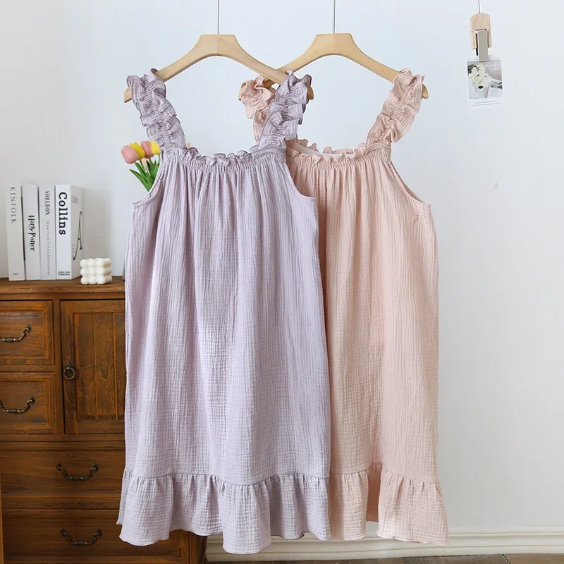 

2024 New Japanese Summer Sleeping Dress 100% Cotton Crepe Thin Sling Dress Ladies Sweet and Cute Tank Top Long Dress Home Dress