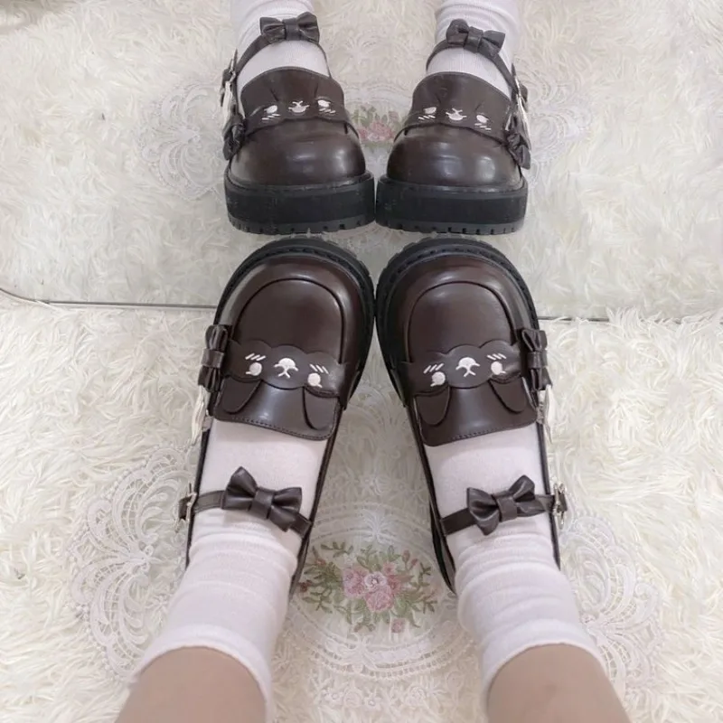 Cute Cartoon Cat Face Platform Mary Jane Shoes Women Star Bow T-Strap Lolita Flat Shoes Gothic Japanese JK Uniform Loafers view 4