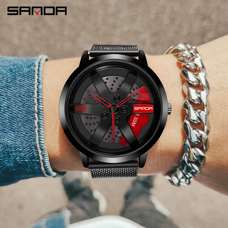 SANDA P1075 Original 3D Real Man Mesh Band Waterproof Watches Car Rim Design Watch Quartz Men\'s Sports 360 Rotate For Men Clock