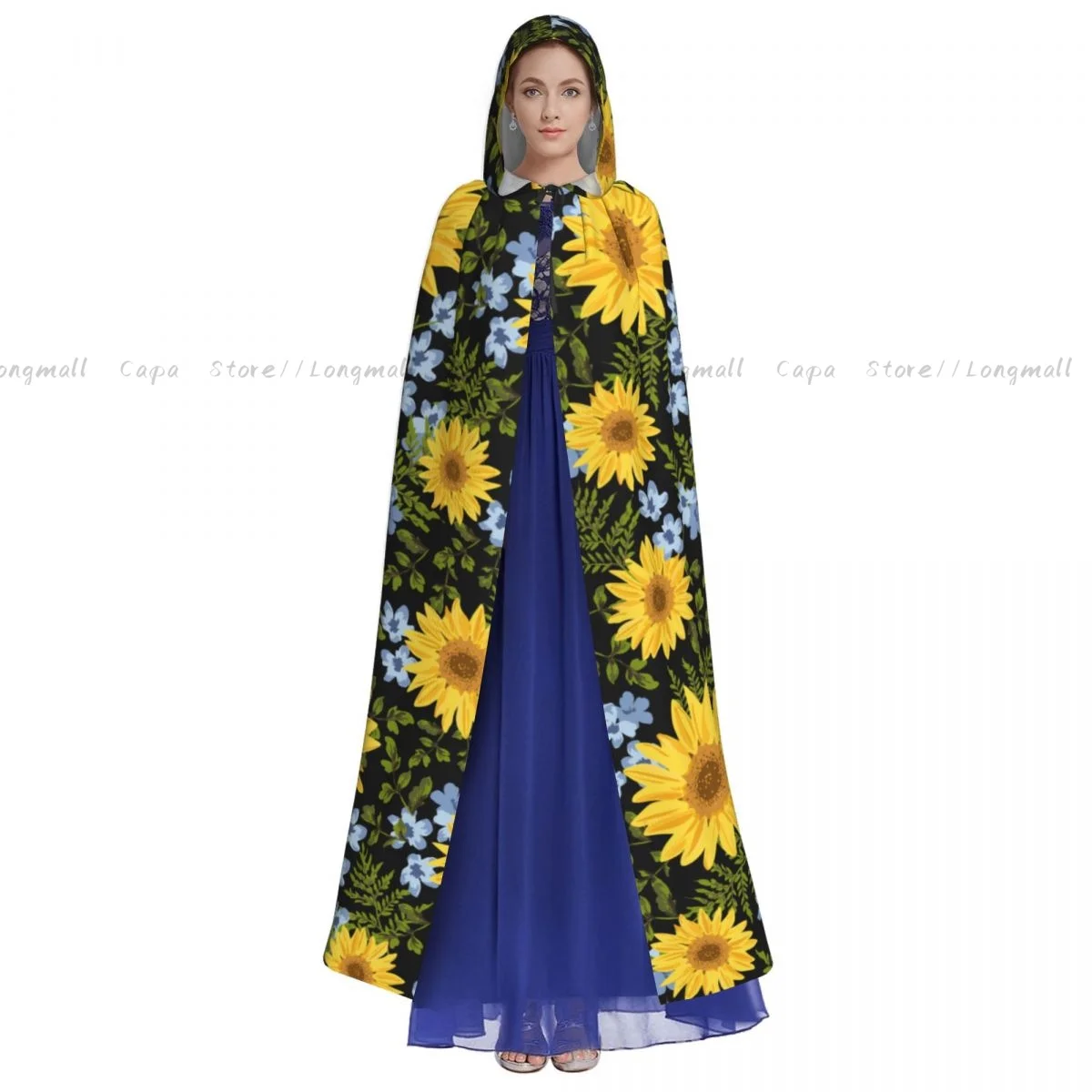 Sunflowers Hooded Cloak Coat Halloween Cosplay Costume Vampire Devil Wizard Cape Gown Party