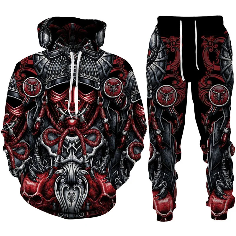 Fashion Cool Samurai Oni Mask Tattoo Art 3D Print Tracksuit Sets Casual Hoodie + Pants 2pcs Sets Man Woman Harajuku Streetwear