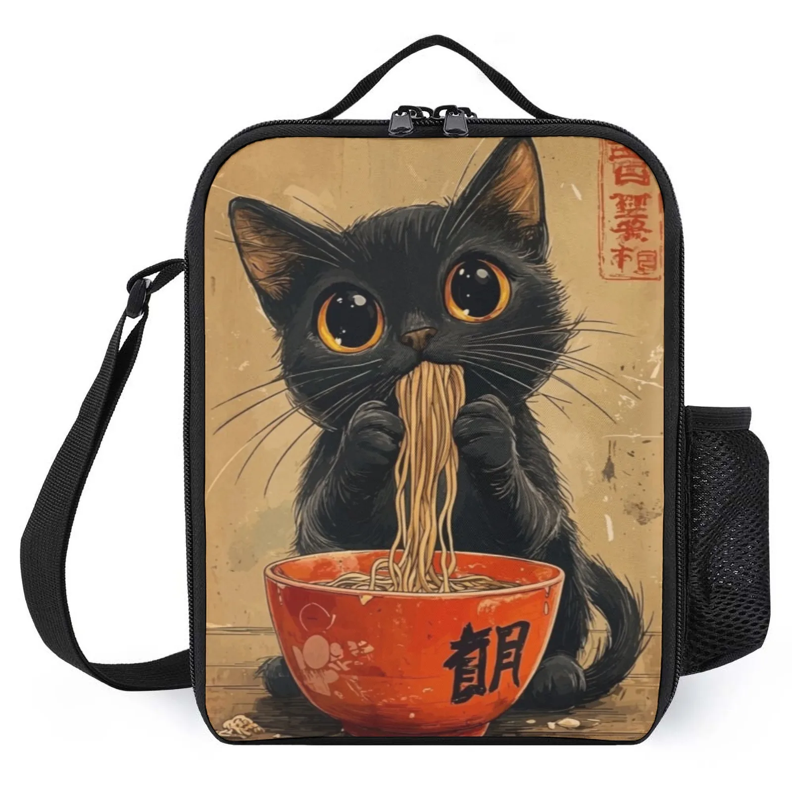 

Сумка для обеда с принтом Black Cat Eating Ramen Lonchera Termica, винтажная детская сумка для ланча, изоляционная сумка для ланча