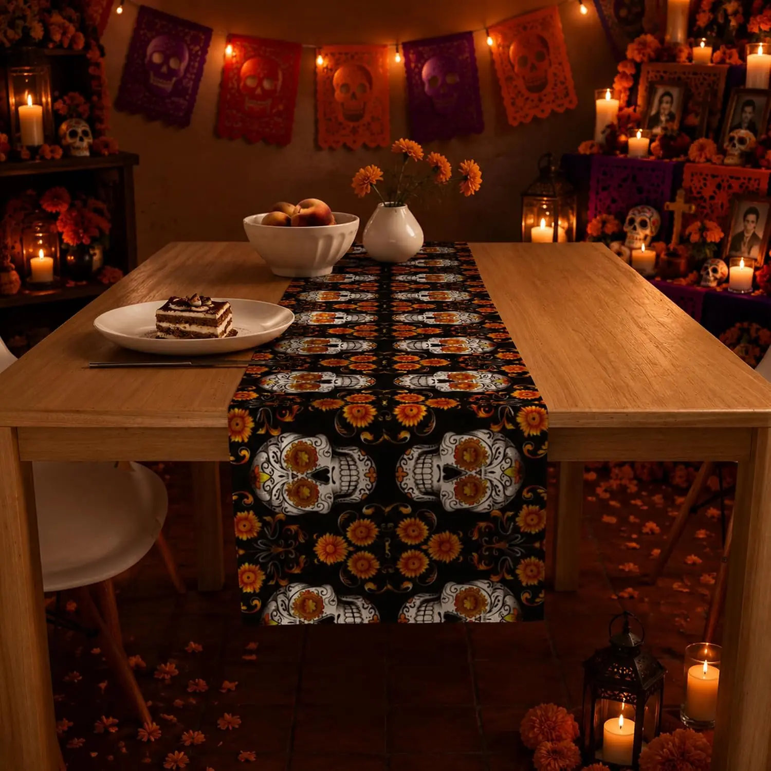 Mexican Sugar Skull Day of The Dead Table Runner Party Decor Reusable Kitchen Dining Table Runner Dia De Los Muertos Decorations