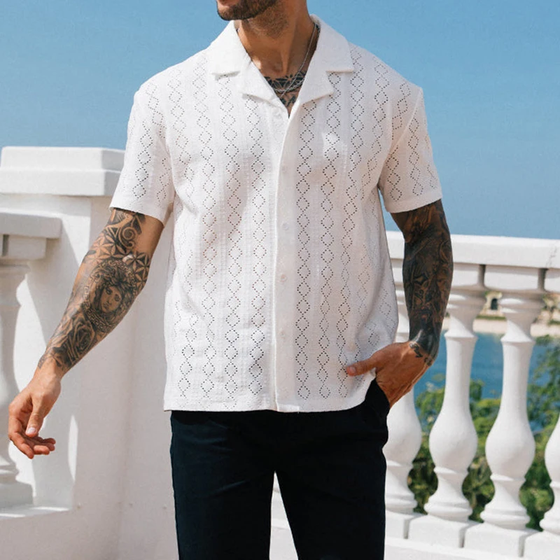 2026 Summer Outdoor Casual Mens Knit Shirt Vintage Buttoned Lapel Solid Color Shirts Men Stylish Short Sleeve Hollow Out Shirts
