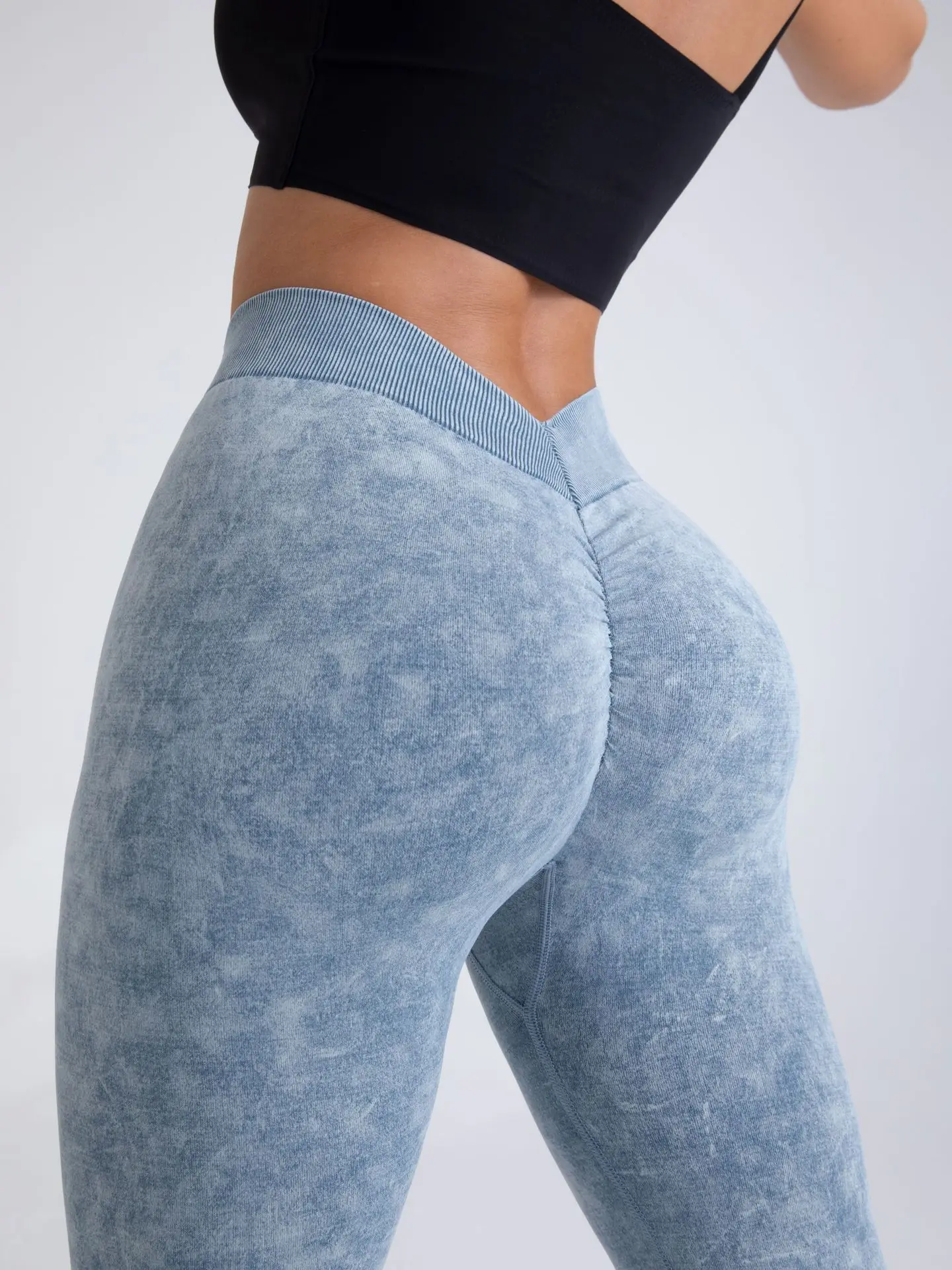 Fashion Women Sports Seamless Tummy Control High Elastic V-back Washed Frosted Tight Pants Workout Fitness Leggings