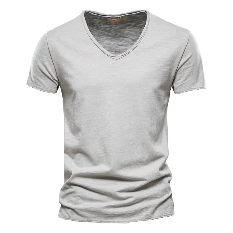 Merkkwaliteit 100% Katoen Heren T-shirt V-hals Fashion Design Slim Fit Soild Mannelijke Tops Tees Korte Mouw
