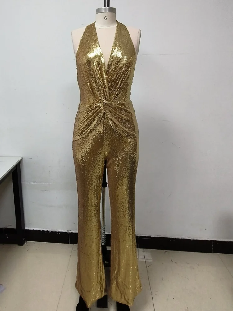 Summer New 2024 INS Women Sexy Glitter Sequins Gold Bodycon Jumpsuit Celebrity Designer High Street Boot Cut  Rompers