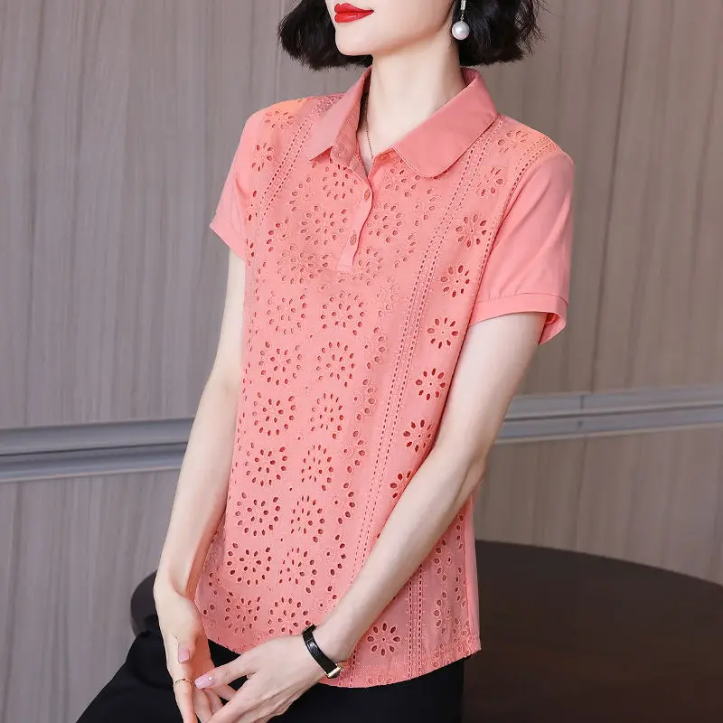 Casual Solid Color Loose Blouse Women\'s Clothing Commute Hollow Out Summer Short Sleeve Fashion Polo-Neck Korean Button Shirt