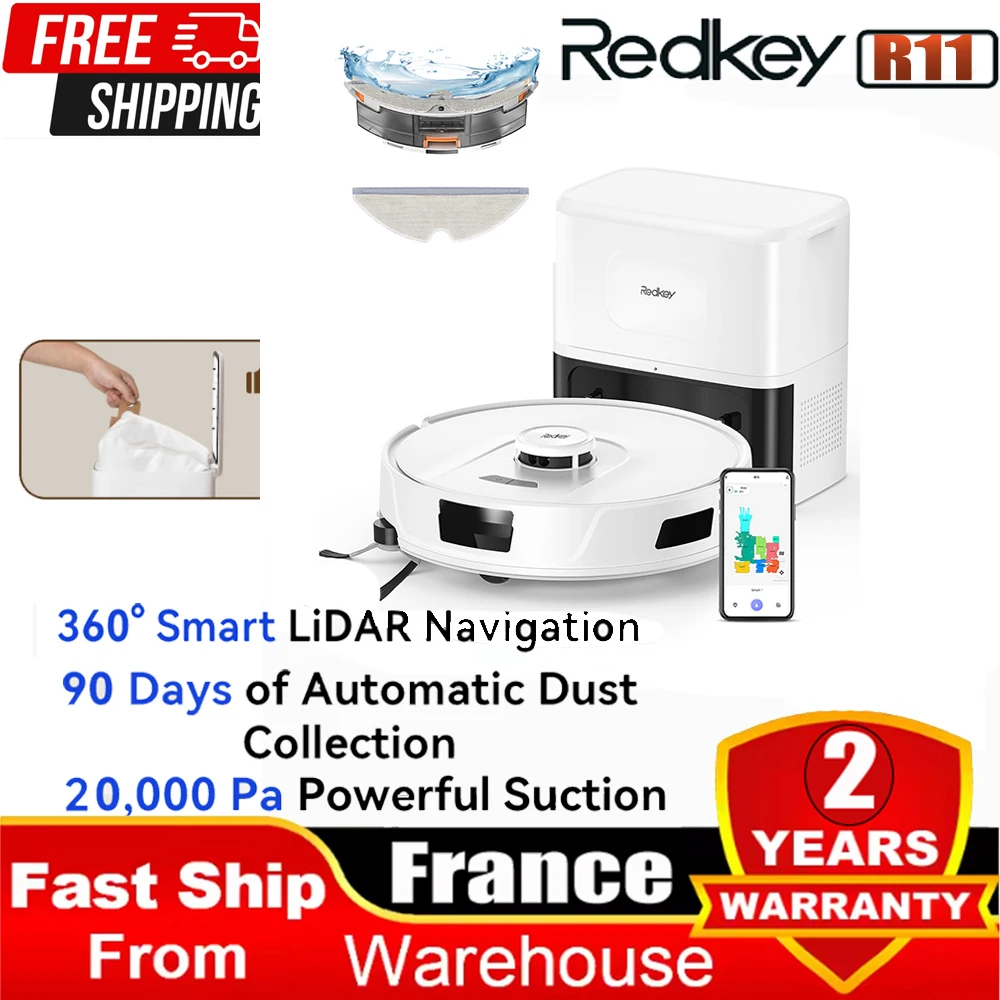 Robot aspirateur et serpillière Redkey R11 avec navigation LDS Lidar, 20000Pa, cartographie intelligente, pour le nettoyage des sols, des tapis et des poils d'animaux domestiques