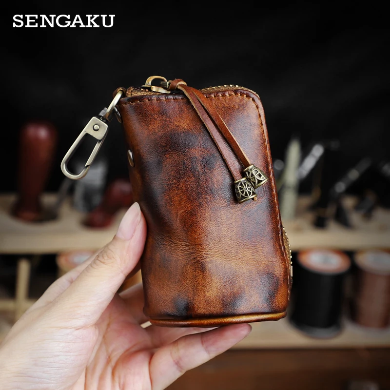 Handmade Leather Men\'s Key Wallet Vintage Genuine Leather Smart Keys Case Pouch Zipper Keychain Portable Buckets Keys Organizer