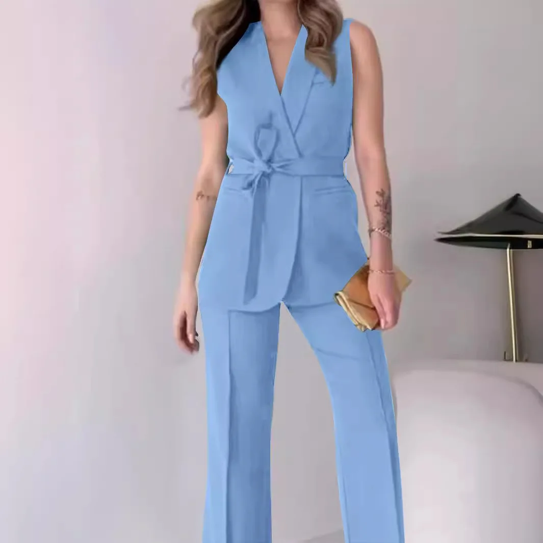 Conjunto De 2 Piezas Para Mujer, Pantalón sin mangas con cuello en V, Pantalones formales, traje De Mujer con temperamento informal, traje elegante De verano para oficina